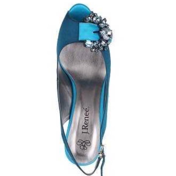 SOLD❗️ New J Renee REGINA Teal & Peacock Jeweled Peeptoe Satin Shoes in Size 8.5 - Picture 7 of 16